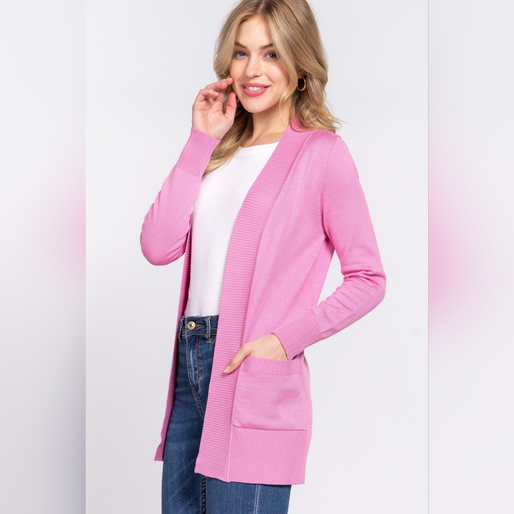 ACTIVE BASIC Ribbed Trim Open Front Cardigan
